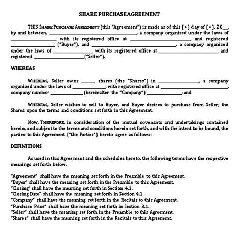 Share Purchase Agreement Templates Sample Purchase Agreement Legal