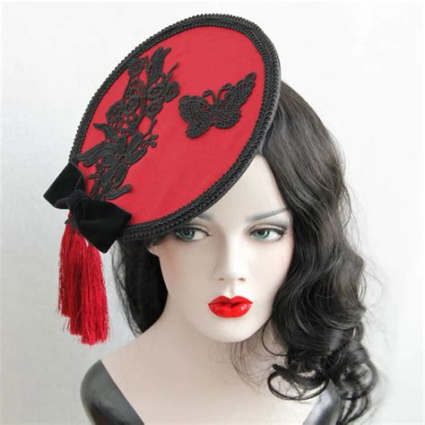 Red Women Lace Fedora Hat Vintage Brimless Patch Embroidered Tassel Butterfly Girls Fashion