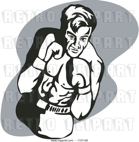Vector Clip Art Of Retro Cartoon Male Athlete Boxer Guy Over Gray By