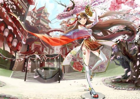 Anime Anime Girls Asian Architecture Dragon Cherry