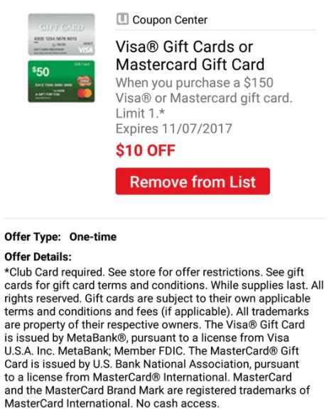 Keep the receipt for as long as you have the gift card, just in case it doesn't work as it should. Expired Safeway/Vons: $10 off $150 Visa/Mastercard Gift Card [Randall's, Albertson's, Tom ...