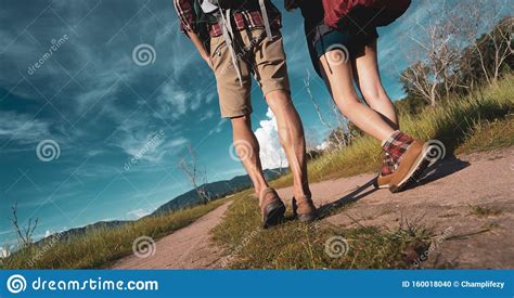 Closeup Legs Hiking Couple Asian Walk Trekking Travel Together At