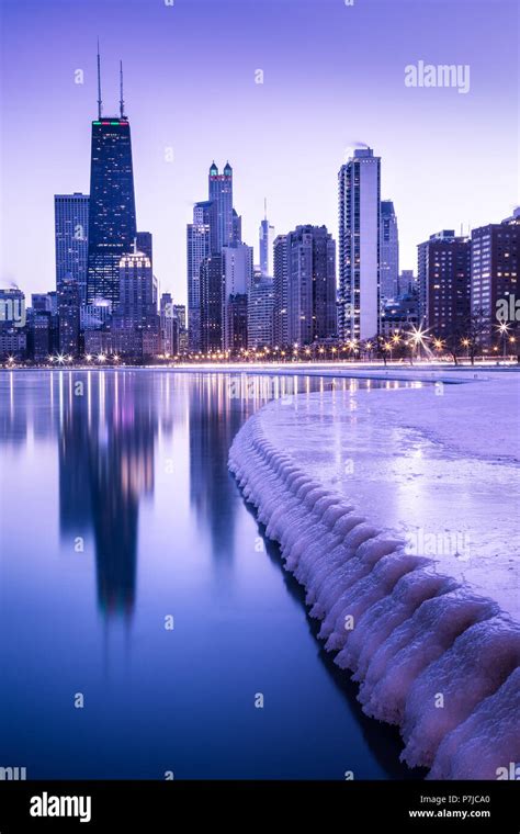 City Skyline Reflections In Lake Michigan Chicago United States Stock
