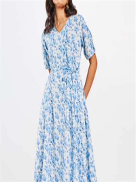 Buy And Women White And Blue Floral Printed V Neck Dress With Waist Tie Up Dresses For Women