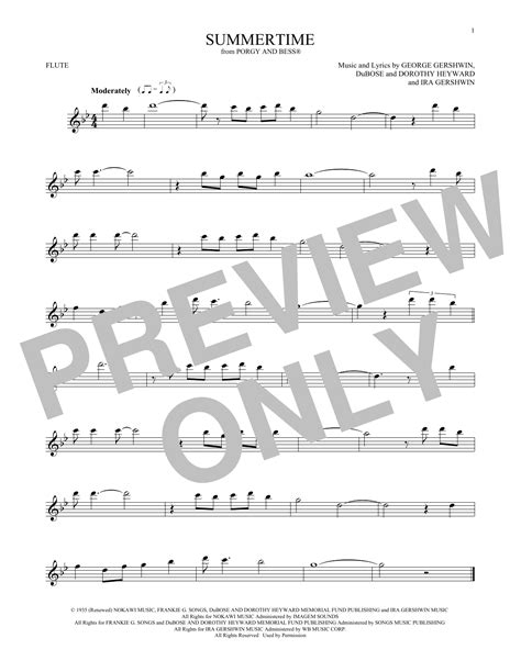 Summertime Sheet Music George Gershwin Flute Solo