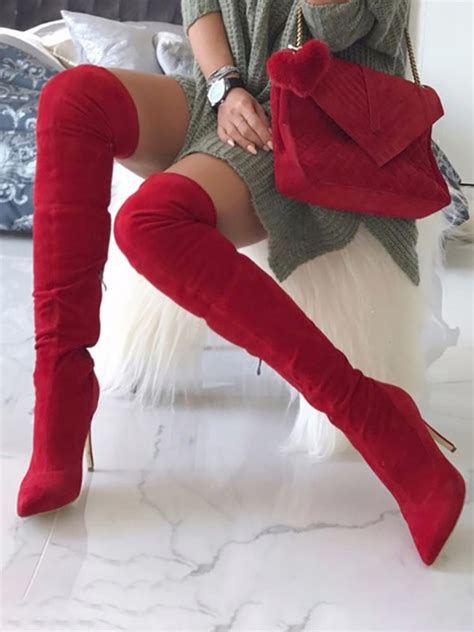 Red Pointed Toe Knee High Heeled Boots
