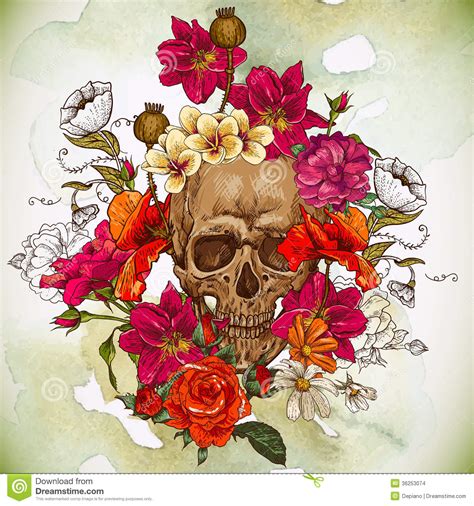 Skull And Flowers Day Of The Dead Stock Vector Illustration Of Roll