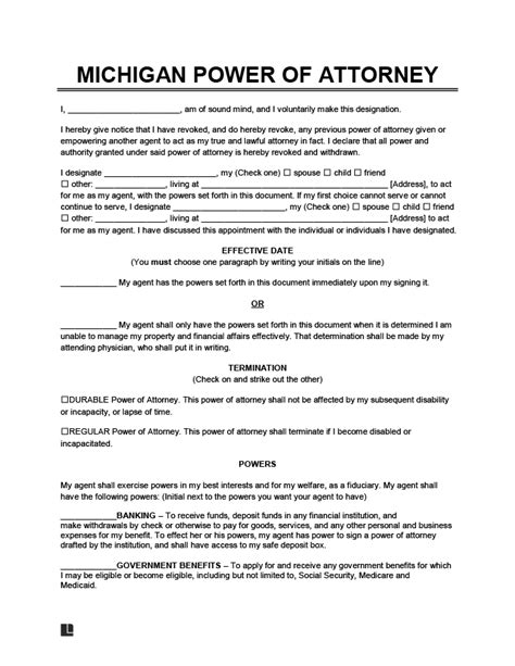 Power Of Attorney Form Free Printable Michigan Printable Forms Free Online