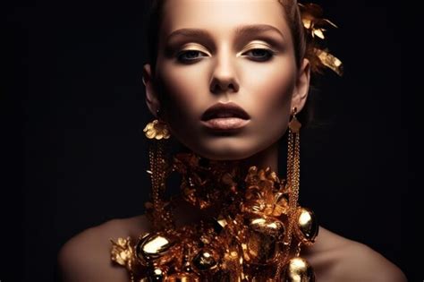 Premium AI Image Fashion Art Golden Skin Woman Face Portrait Closeup Model Girl With Holiday