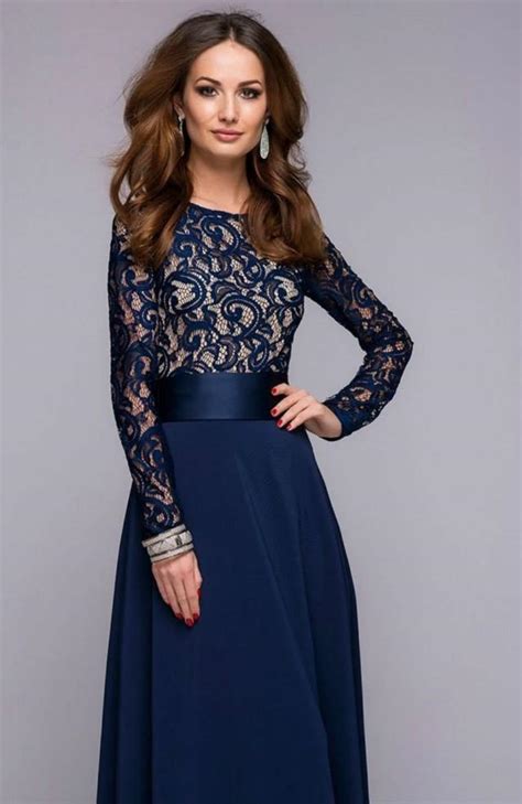 Ladies Night Chic Blue Maxi Evening Dresslace Top Wedding Dress With