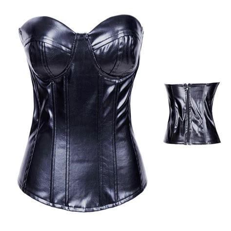 Black Faux Leather Overbust Corset Zipper Back Push Up Bra Bustier Top Sexy Corsets And Bustiers