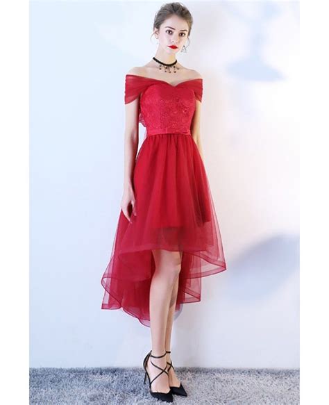 Red High Low Tulle Homecoming Party Dress Off Shoulder Bls86005