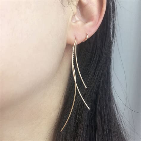 K Solid Gold Threader Earrings K Long Threader Earrings Etsy