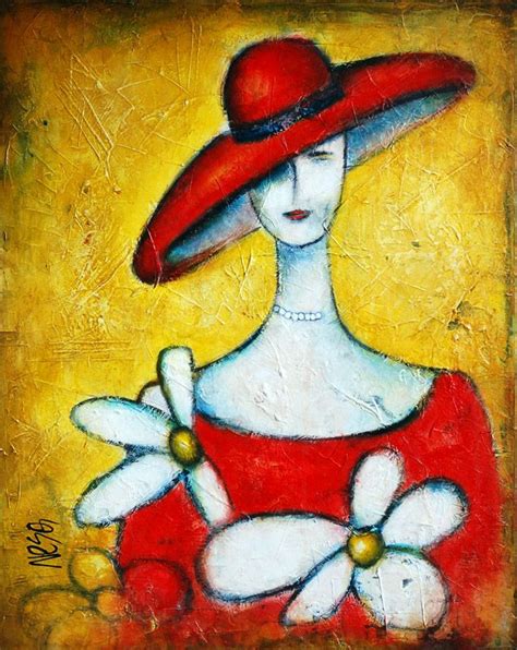 A Painting Of A Woman Wearing A Red Hat And Holding Flowers