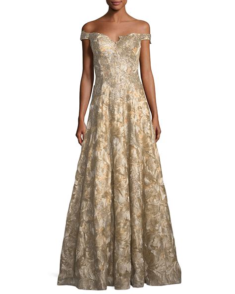 Jovani Off The Shoulder Sweetheart Lace Brocade Evening Gown Neiman