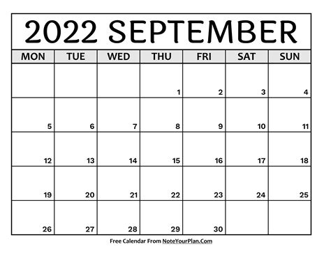 Printable September 2022 Calendar Monday Sunday