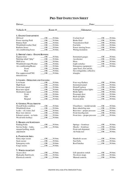 Free Cdl Pre Trip Checklist Pre Trip Inspection Sheet Driver Date