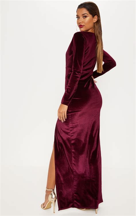 Burgundy Velvet Plunge Split Maxi Dress Prettylittlething Usa