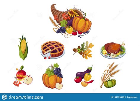 Traditional Symbols Of Thanksgiving Day Set Autumn Cornucopia With