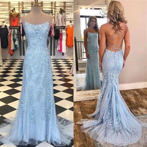 Spaghetti Strap Sky Blue Mermaid Long Prom Dresses Backless Pageant