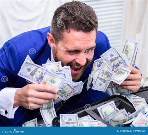 Handsome Man Happy And Surprised With Money Hundreds Dollars In Case