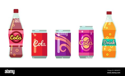 Soft Drinks In Bottles And Cans Vector Illustration Set Juice And