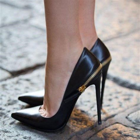 black pointy toe stiletto heels pumps back zipper fashion office shoes for work formal event