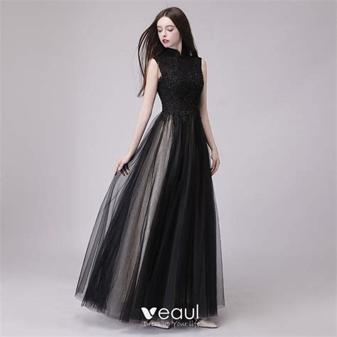 Chinese Style Black Prom Dresses 2018 A Line Princess High Neck