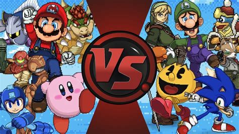 Super Smash Bros Free For All Mario Vs Sonic Pac Man Kirby Link