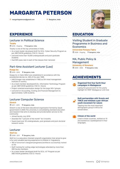The curriculum vitae, also known as a cv or vita, is a comprehensive statement of your educational background, teaching, and research experience. DOWNLOAD: Lecturer Resume Example for 2020 | Enhancv.com