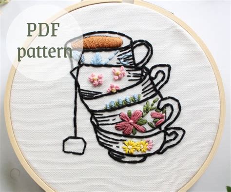 Teacup Hand Embroidery Pattern Pdf Cozy Cottagecore Etsy Embroidery