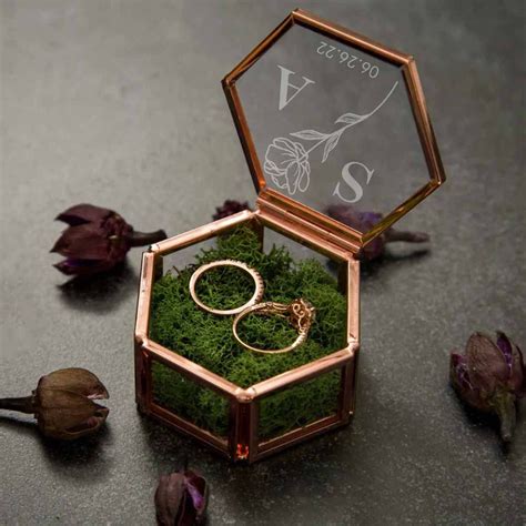 Hexagon Glass Ring Box With Moss Names And Initials Ring Holder Personalized Ring Box For