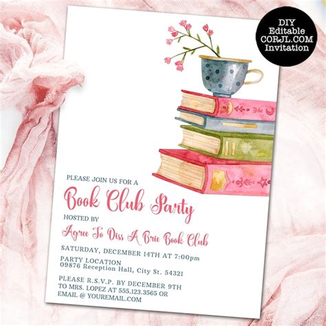 Vintage Book Club Invitation Book Party Invitation Floral Book Invitation Printable