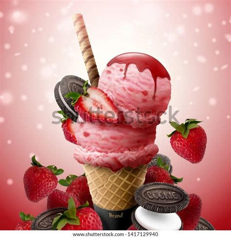 Strawberry Ice Cream Cone Ads Chocolate Stock Illustration
