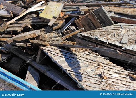 Heap Of Old Damaged Wooden Boards Dirty Broken Planks Stock Photo