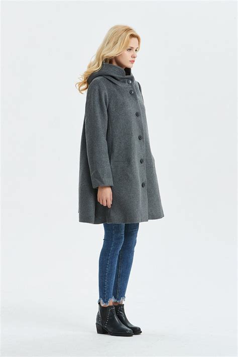 Hooded Wool Coat Swing Wool Coat In Gray Winter Coat Women Etsy Uk