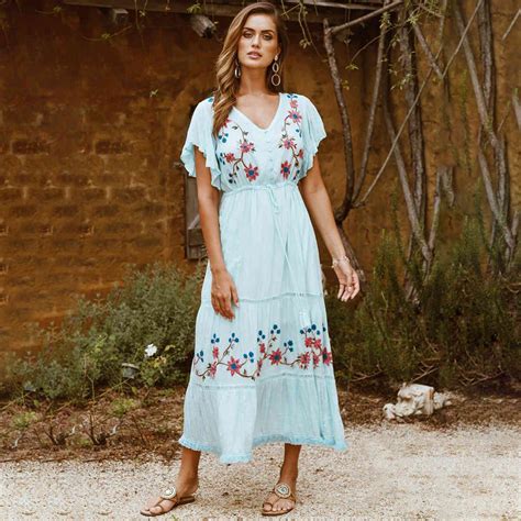 Boho Floral Embroidered Maxi Dress With V Neck And Ruffle Sleeves Vintage Style For Womens