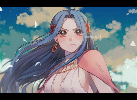 A Woman With Long Blue Hair Standing In Front Of Clouds