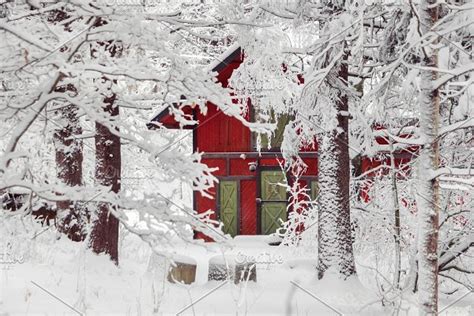 Red House In Winter Snow Forest Containing Winter Forest And Snow