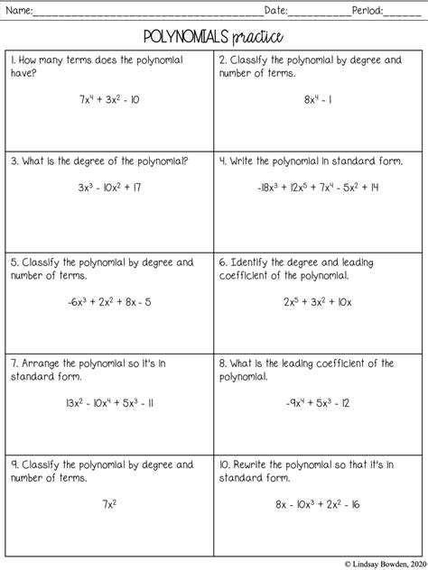 Intro To Polynomials Worksheets