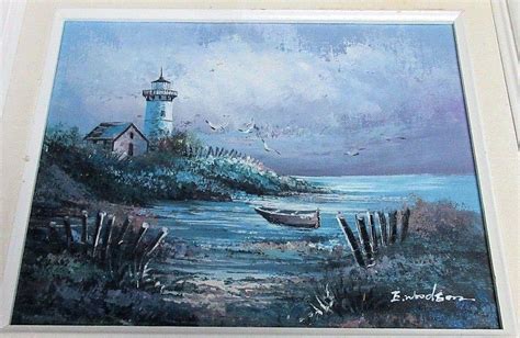 E Everett Woodson Lighthouse Shorline Ocean Oil Painting On Canvas