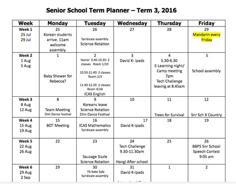 Senior School Term 3 Calendar