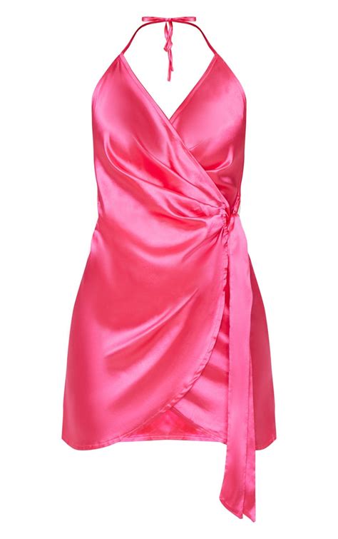 hot pink satin halterneck wrap bodycon dress prettylittlething usa