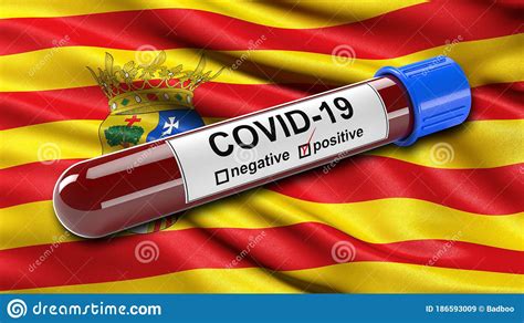 Flag Of Aragon Waving In The Wind With A Positive Covid 19 Blood Test