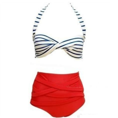 2016 Swimwear Women Blue And White Stripes Bikini Halter Swimwear High