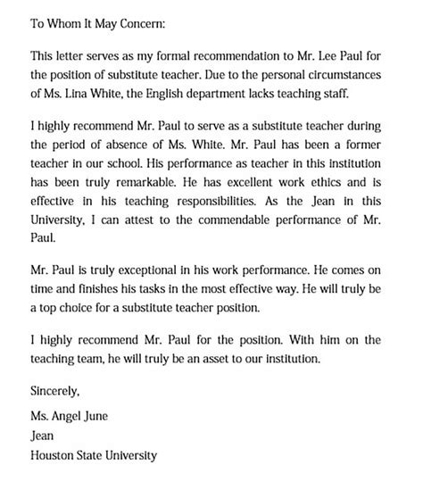 15 Letter Of Recommendation For A Teacher Free Pdf Doc Words Mous