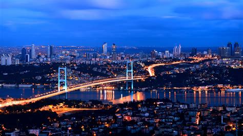 Картинка Стамбул Турция Мегаполис мост Ночные Дома Города 1920x1080