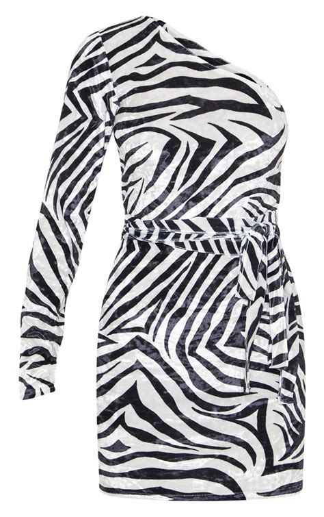 Monochrome Velvet Zebra Print Dress Dresses Prettylittlething Usa