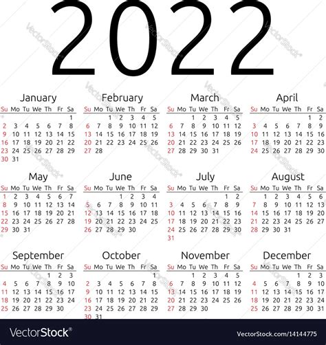 Calendar 2022 Sunday Royalty Free Vector Image