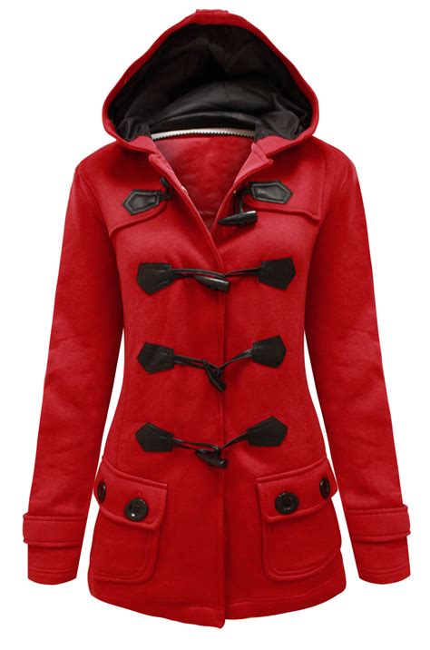Ladies Womens Duffle Toggle Trench Pocket Hooded Coat Jacket Winter